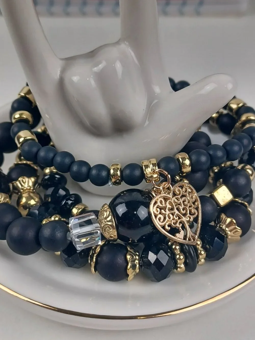 4-Piece Bohemian Beaded Bracelet Set - Black Heart & Tree Pendants